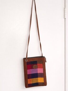 Brown Crossbody Bag with Multicolor Plaid Front